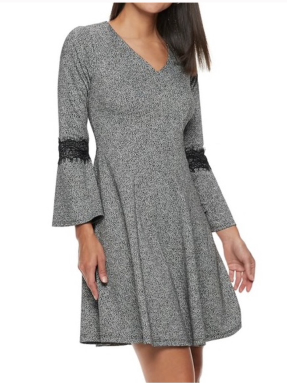 ELLE Black & White V Neck 3/4 Lace Bell Sleeve Fit & Flare Dress NEW NWT
